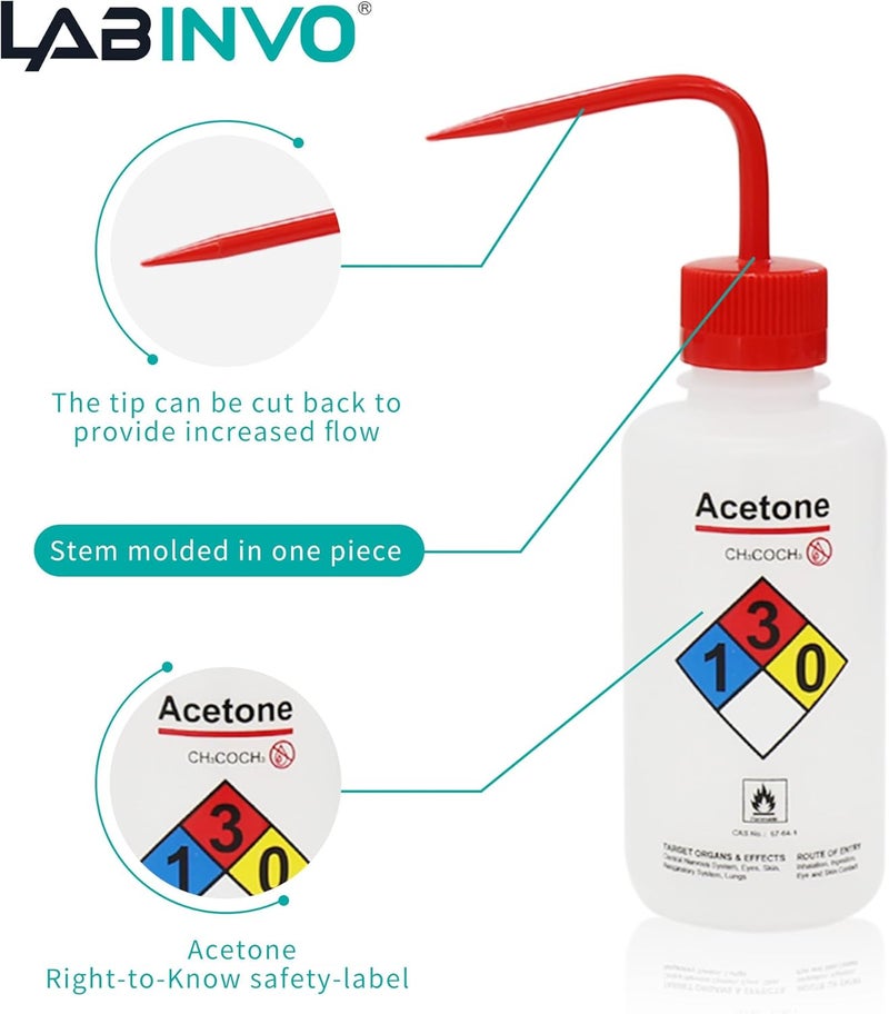 LINVO Acetone Wash Bottle, 1PC of Vol.500ml (17oz), Narrow Mouth, Self-Venting Safety Wash Bottle, LDPE Material, IN-WBA501 - Image 4